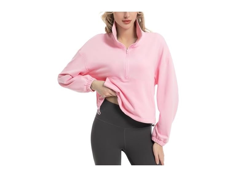 FKEEP Quarter Zip Pullover Women Cropped Sweatshirt Long Sleeve Crop Top Stand Collar Drawstring Casual Pullover Pink