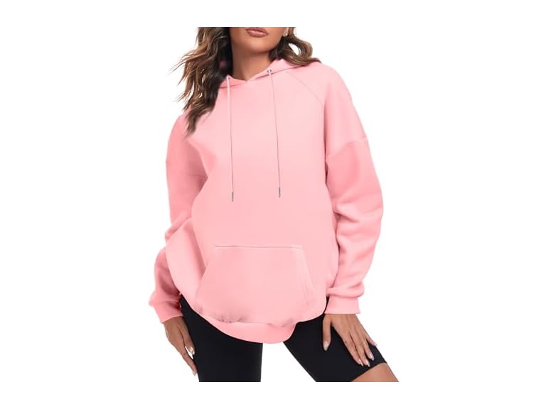 FKEEP Oversize Hoodies Women Fleece Crewneck Sweatshirt Casual Long Sleeve Pullover Tops with Pockets(Pink,Medium)