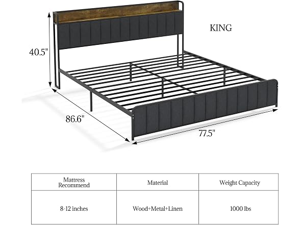 GAOMON King Bed, Storage Headboard, Grey