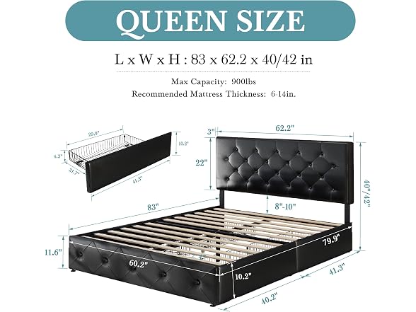 HOOMIC Queen Platform Storage Bed Frame