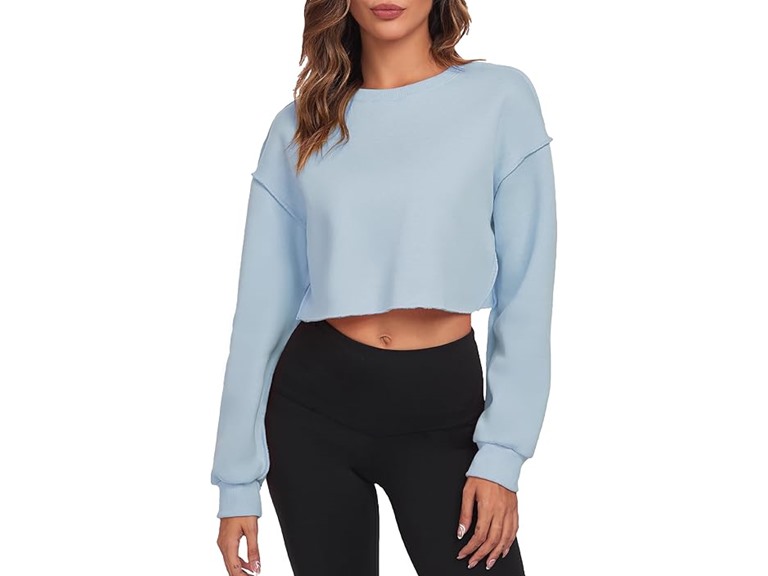 FKEEP Cropped Sweatshirts for Women Long Sleeves Crewneck Pullover Crop Tops Oversized Fit Blue
