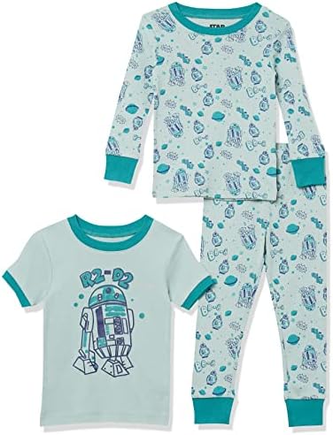 Amazon Essentials Disney | Marvel | Star Wars Toddler Boys' Snug-Fit Cotton Pajama Sleepwear Sets, Pack of 3, 3-piece Star Wars Green R2-d2 Set, 3T