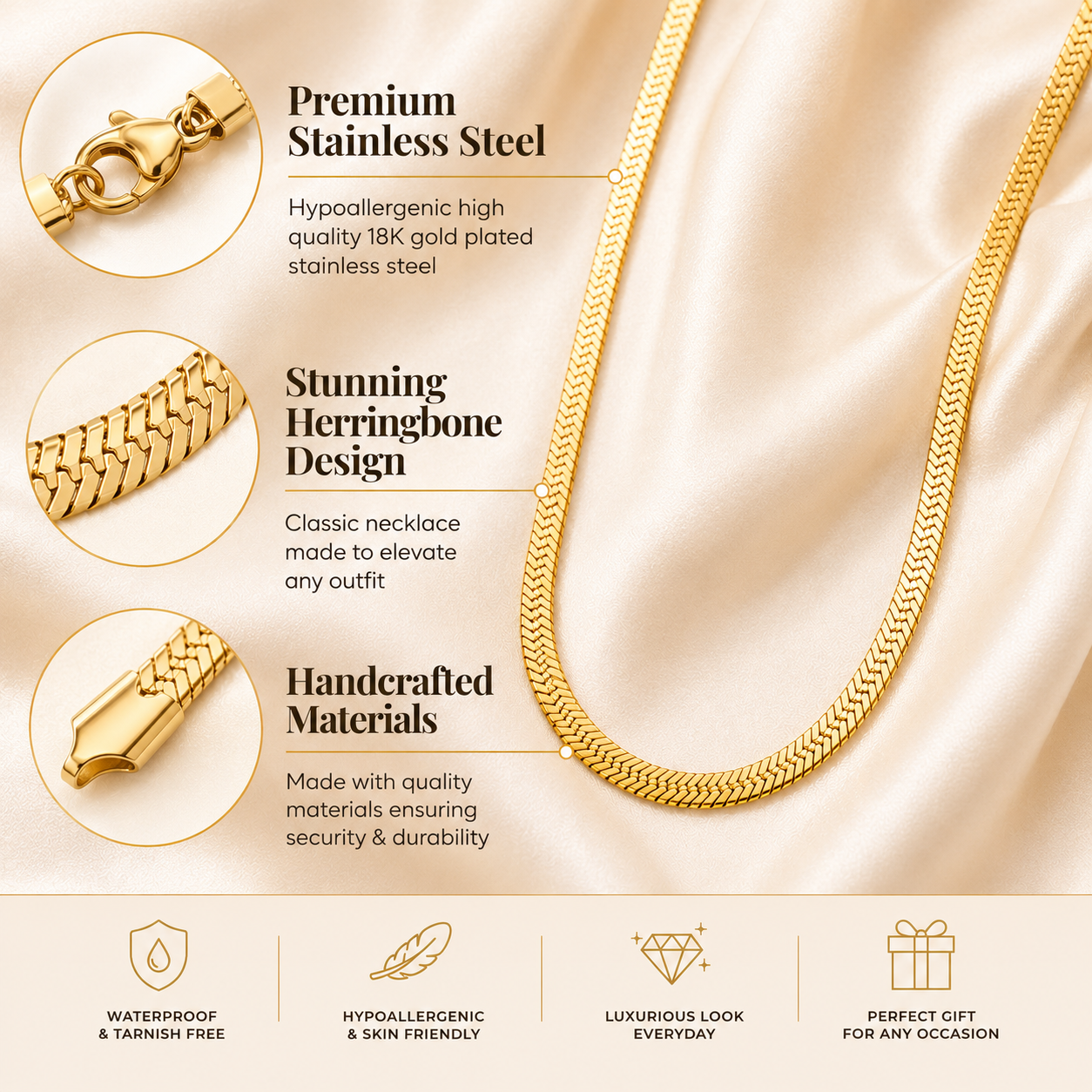 18K Gold Plated Herringbone Necklace - Gallery 8
