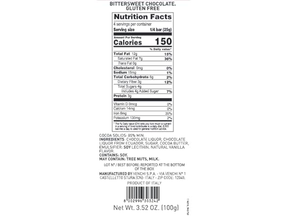 Venchi 85% Extra Dark Chocolate Bar 3.52