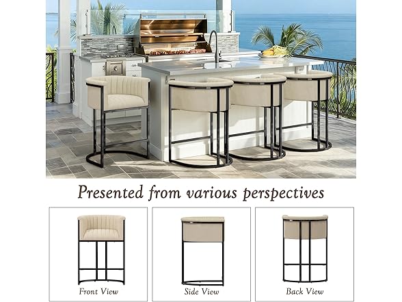 Mearounliving 26" H Counter Height Bar Stools Set of 3, Modern Barrel Counter Stools with Backrest and Arms, Linen Fabric Upholstered Accent Barstools for Kitchen Island, Black Metal Frame/Sand Linen (Open Box)