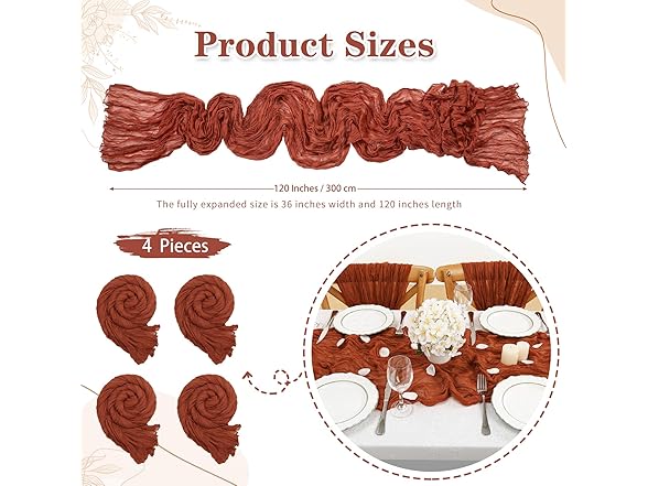 SoarDream 4 Packs 36"x120" Cheesecloth Table Runner