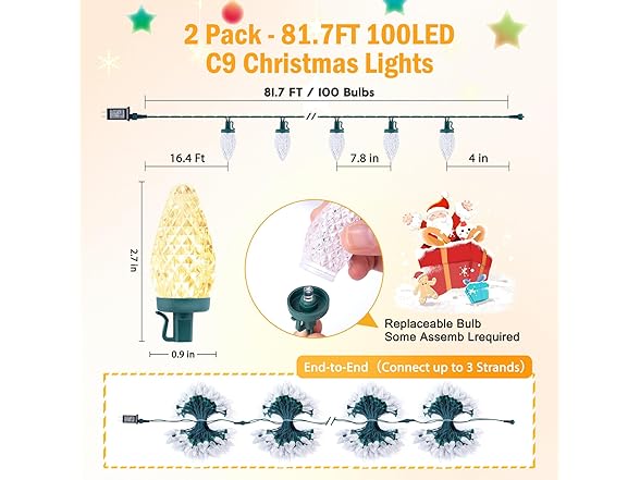 Brightown C9 Christmas Lights Outdoor 2 Pack - Total 162 FT 200 LED
