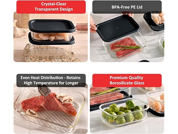 EATEX 7 Pack Glass Meal Prep Containers with Grooved Base
