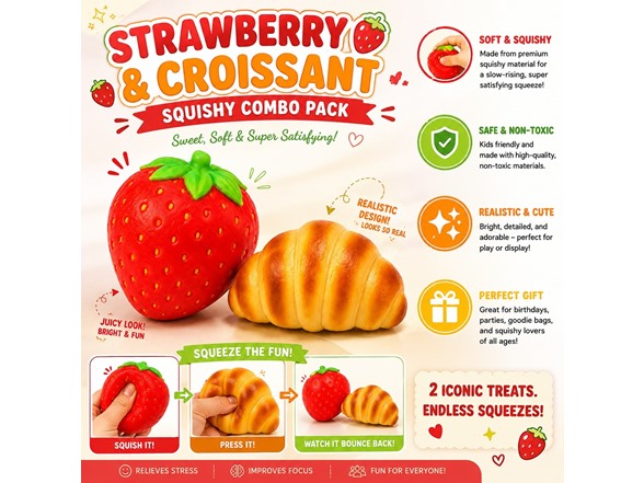 2Pk Squishy Strawberry+Croissant