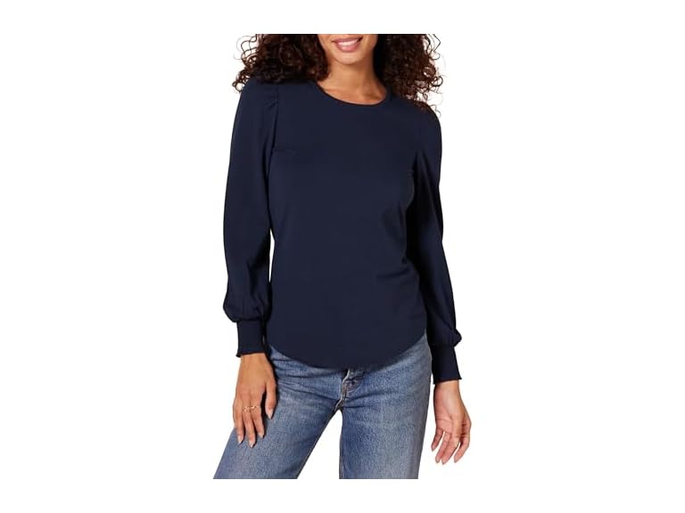 Amazon Essentials Women's Long-Sleeve Crewneck Smocked Cuff T-Shirt, Navy, Large