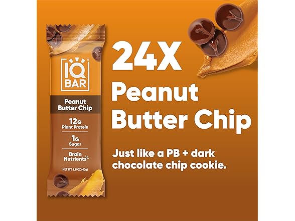 IQBAR Plant Protein Bars, Peanut Butter Chip, 24c