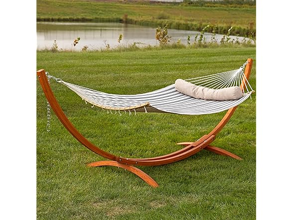 Sunnydaze Outdoor Hammock with Spreader Bar Neutral Stripe