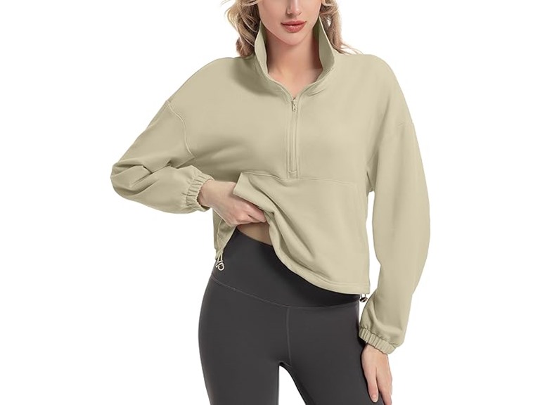 FKEEP Quarter Zip Pullover Women Cropped Sweatshirt Long Sleeve Crop Top Stand Collar Drawstring Casual Pullover zApricot a L