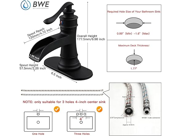BWE Black Bathroom Faucet Matte Waterfal