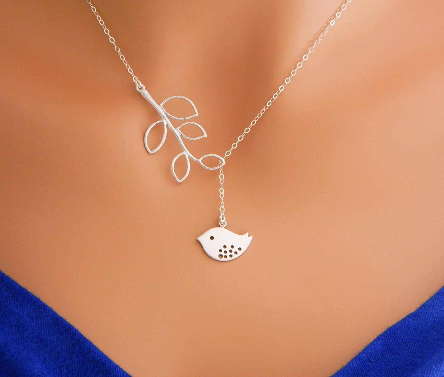 Lariat Brid and Leaf Pendant Necklace - Gallery 6