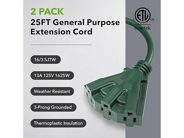 BN-LINK 25Ft Outdoor Extension Cord 16/3 SJTW with 3 Outlets, 2-Pack