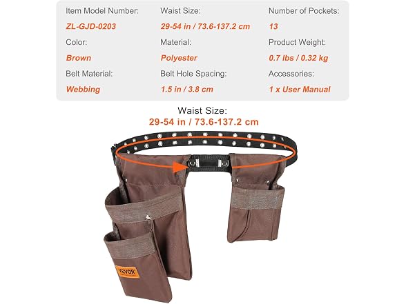 13 Pockets Tool Belt, Adjusts from 29 Inches