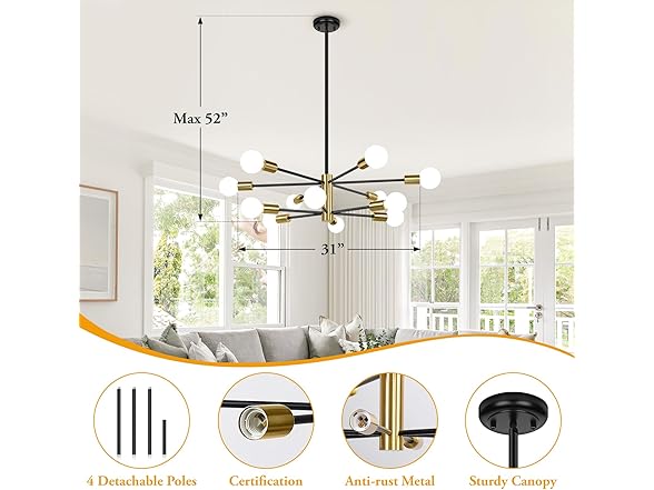 BesLowe 31'' 12-Light Modern Sputnik Chandelier