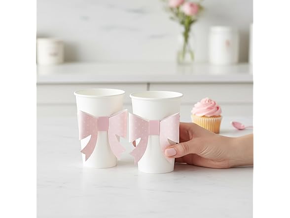Fun Express White Disposable Paper Cups with Pink Bow
