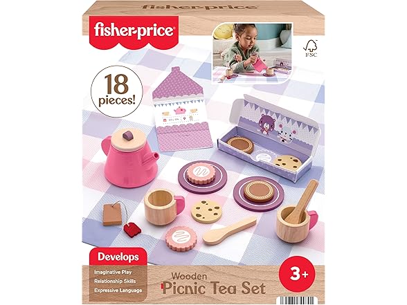Fisher-Price Wood Pretend Play Toy Picnic Tea Set - Gallery 6