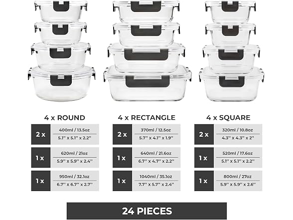 Freshware Glass Storage Containers with Lids, 24 Pieces,Grey