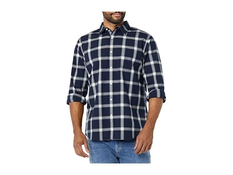 Amazon Essentials Men's Long-Sleeve Slim-Fit Stretch Poplin Shirt, Navy White Buffalo Plaid, XX-Large