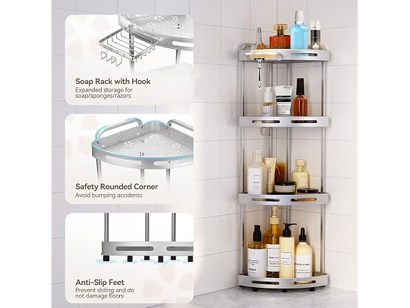 Binecer Corner Shower Caddy, 4 Tier Silver