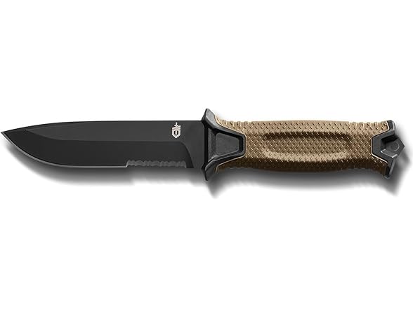 Gerber Gear StrongArm - Fixed-Blade Camping & Hunting Knife with Striking Pommel & Sheath - Premium Survival Gear - Made in USA - Coyote Brown, Serrated Edge (Open Box)