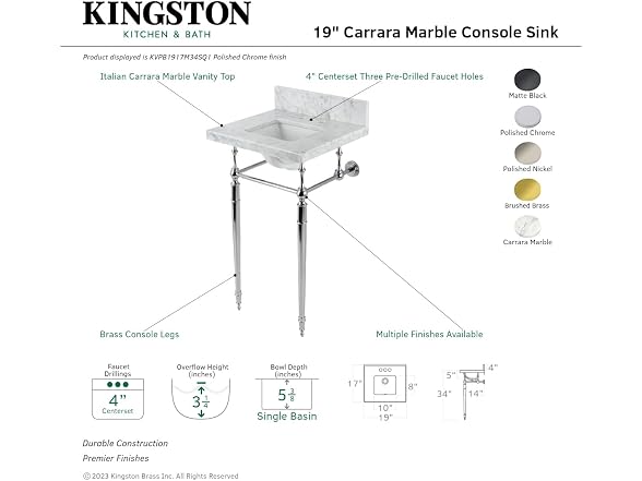 Kingston Brass Sink, Carrara Marble White/Polished Nickel