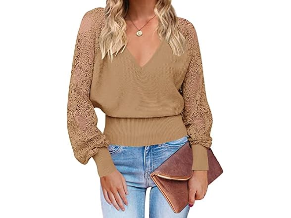 Zcsia Women (S) Long Sleeve V Neck Lace Solid Tops