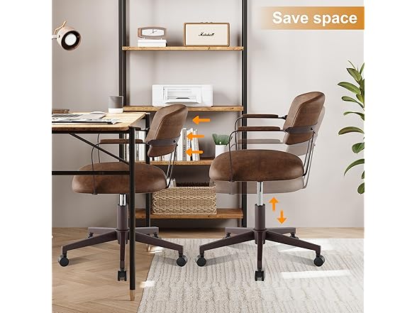 BERYTH Home Office Desk Chair, Mid-Century Modern Desk Chair with Padded Arms, Adjustable Seat Height, Mid Back 360° Small Computer Chair with Mobile Mute Wheel, PU Leather (Brown) (Open Box)
