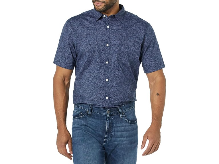 Amazon Essentials Men's Slim-Fit Short-Sleeve Poplin Shirt, Navy Floral, Large