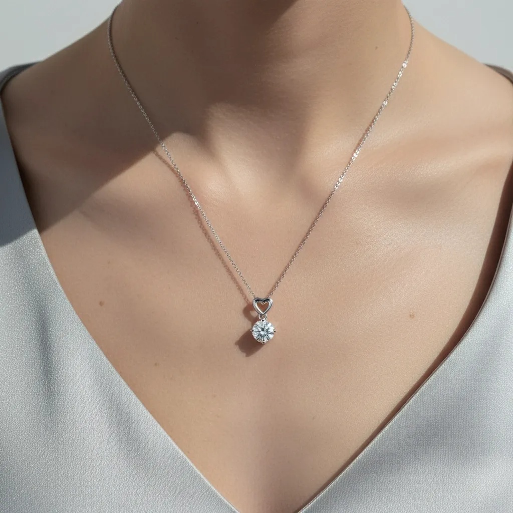 Moissanite Diamond Heart Drop Necklace - Gallery 8