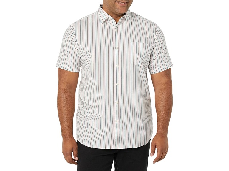 Amazon Essentials Men's Slim-Fit Short-Sleeve Poplin Shirt, Pink Teal Blue Stripe, X-Large