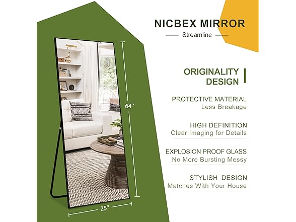 NicBex Full Length Mirror w/Stand, 64"x24"