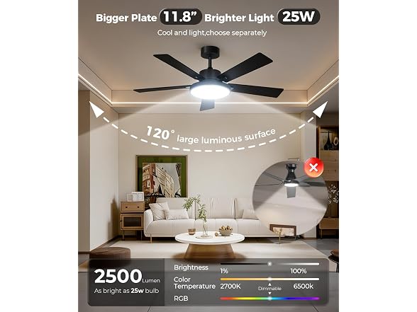 RGBCW Smart 52" 2600LM LED Ceiling Fan Light with Remote