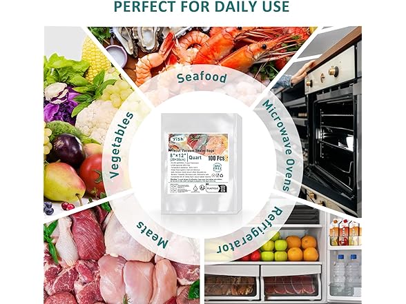 YISH Vacuum Sealer Bags for Food: 100 Quart 8"×12"