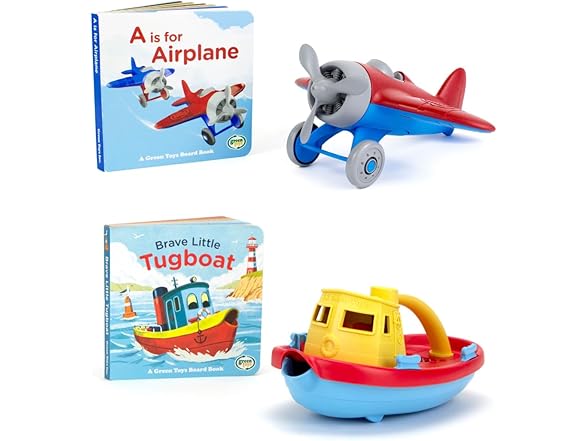 Green Toys Tugboat & Board Book & Airplane Board Book Bundle 