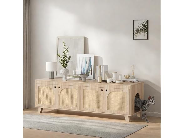 FONTOI Rattan Cat Litter Box Enclosure with Decorated Doors