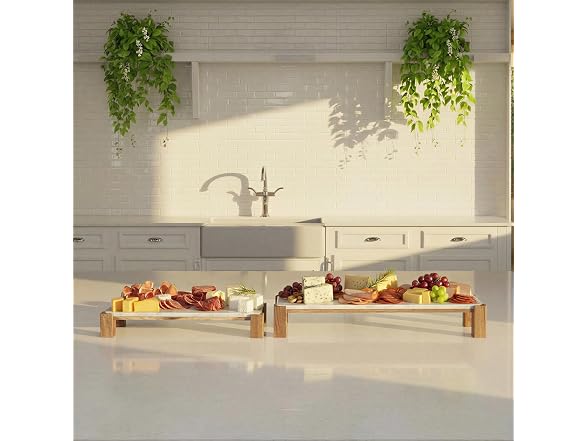 Creative Co-Op 2 pcs Marble Acacia Wood Nesting Pedestals