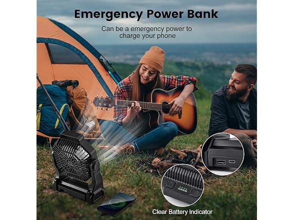 Odoland Black Rechargeable Camping Fan