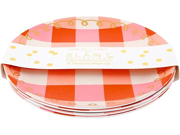  8" Melamine Plastic Plate, Set of 4, Pink Plaid