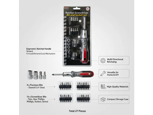 27 Piece Ratcheting Screwdriver Bit and Socket Set