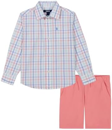 IZOD Boys' 2-Piece Set, Collared Button-Down Shirt, and Performance Shorts, Flamingo Plume