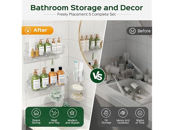 HAMITOR 5 Piece Adhesive Shower Caddy