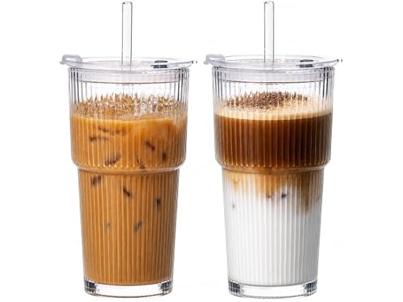 VA1KENE 20oz Glass Iced Coffee Cups, 2pk