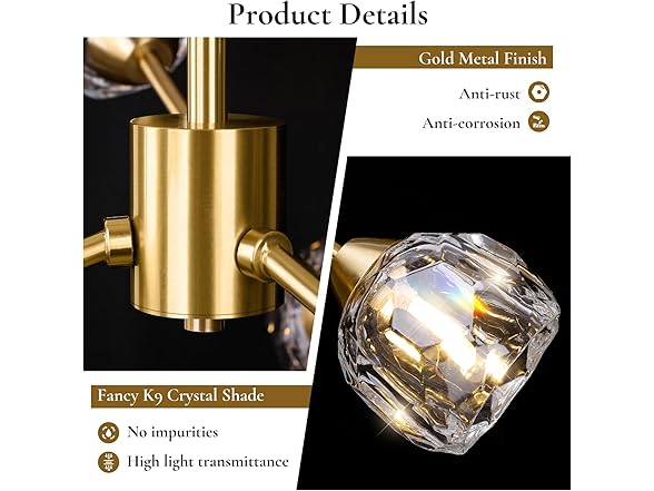 TOBUSA 6-Light Gold Crystal Sputnik Chandelier