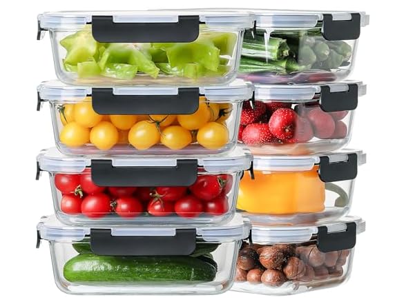 HOMBERKING 8-Pk 36oz Large Glass Meal Prep Containers, Black