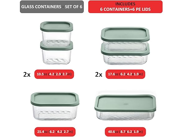 EATEX 6 Pack Glass Meal Prep Containers 