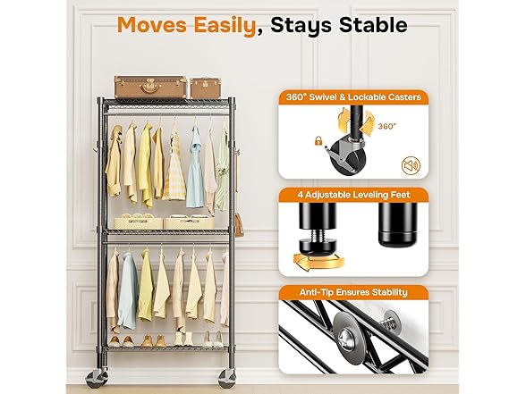 Simple Deluxe Rolling Clothes Rack, Black